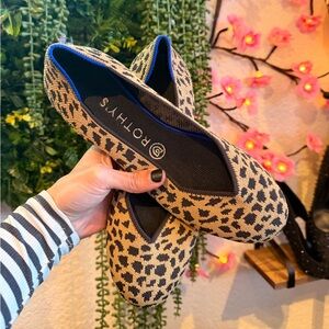 Rothy's Leopard Print Pointed Flats in Tan and Black with Blue Trim